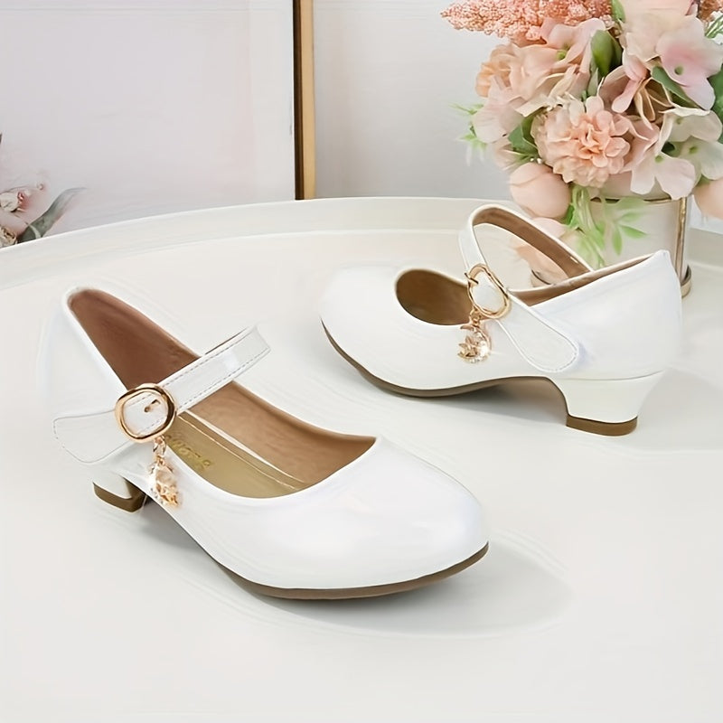Girls' Glossy Mary Jane Shoes with Round Strap Accents and Small Heels for Parties and Dress Outfits