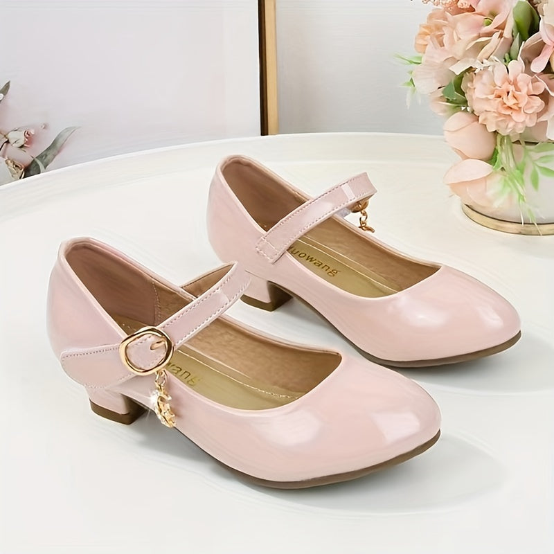 Girls' Glossy Mary Jane Shoes with Round Strap Accents and Small Heels for Parties and Dress Outfits