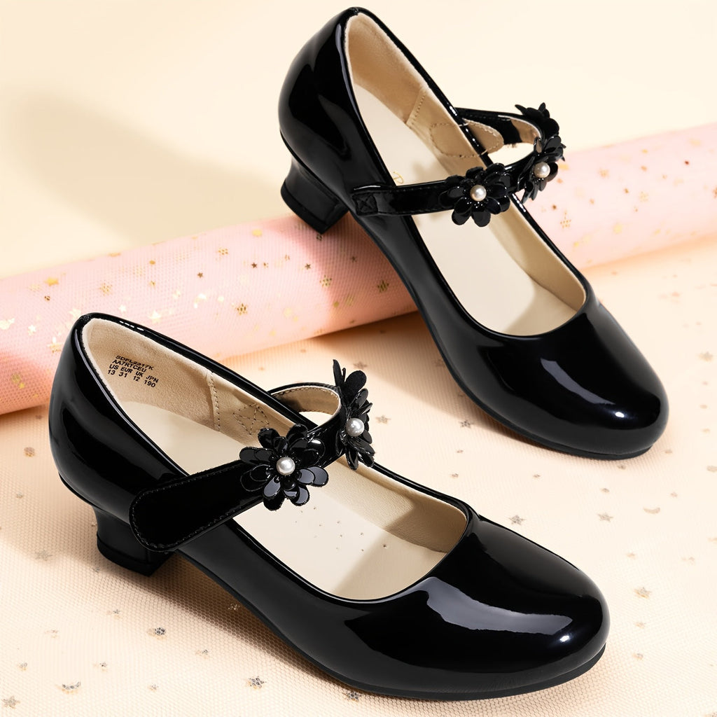 Floral Mary Jane Pumps for Girls with Rounded Toes and Low Heels in Black, White or Glittering Gold