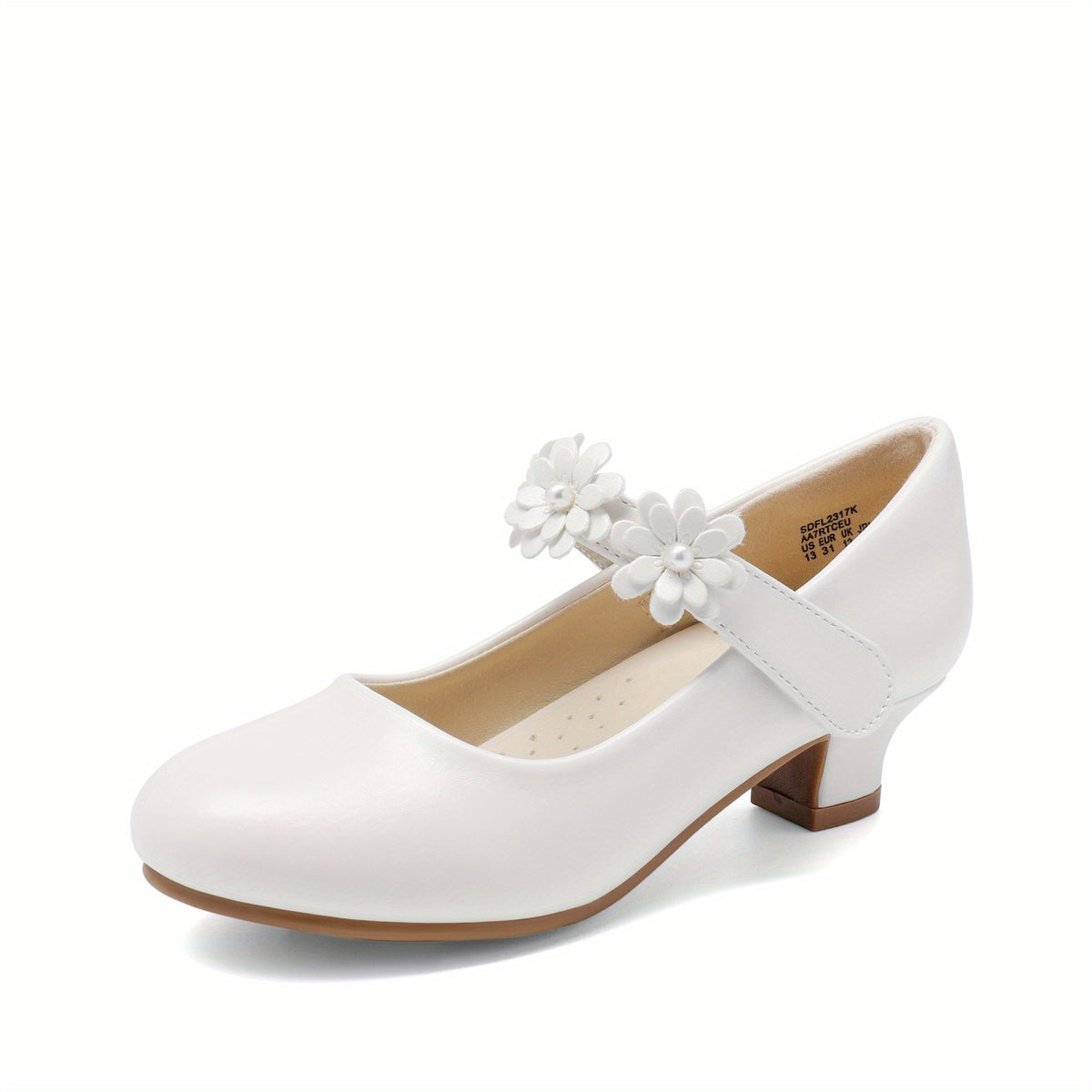 Floral Mary Jane Pumps for Girls with Rounded Toes and Low Heels in Black, White or Glittering Gold