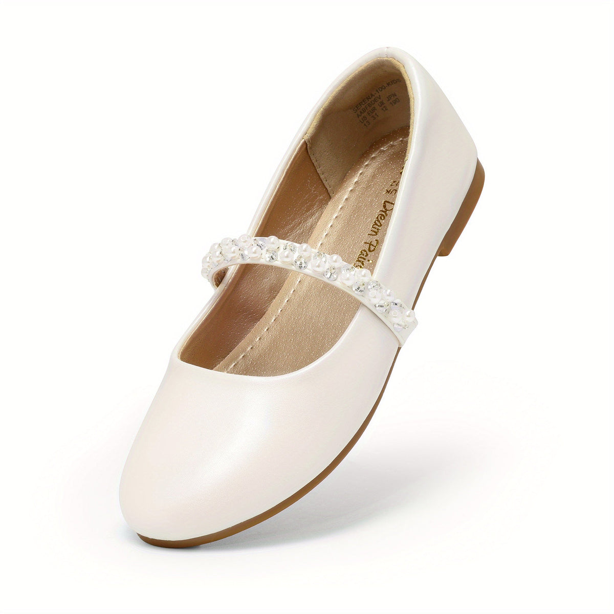 Mary Jane Flats for Girls with Pearl Look Strap Decorations and Sparkling Details for Dressy Outfits