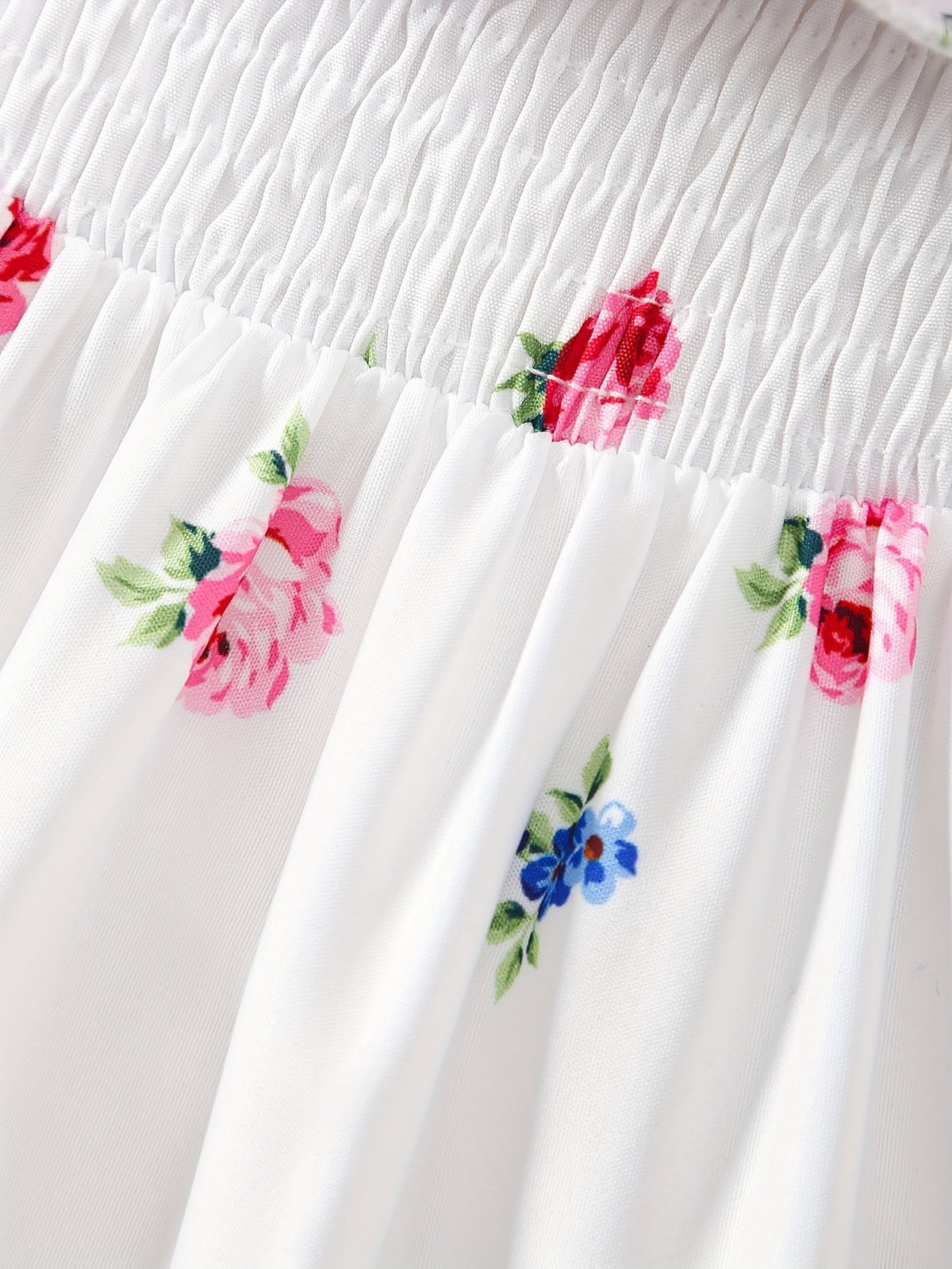 Girls' White Floral Dress with a Ruffled Cold Shoulder Neckline and High-Low Hem for Summer Occasions