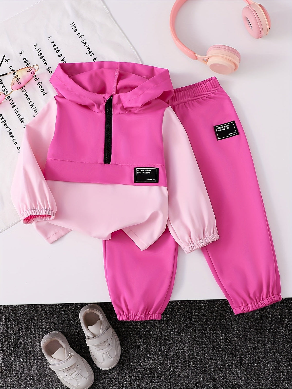 Toddler Girls' Pink Colorblock Half Zip Hoodie and Jogger Pants Set with Matching Letter Patch Details