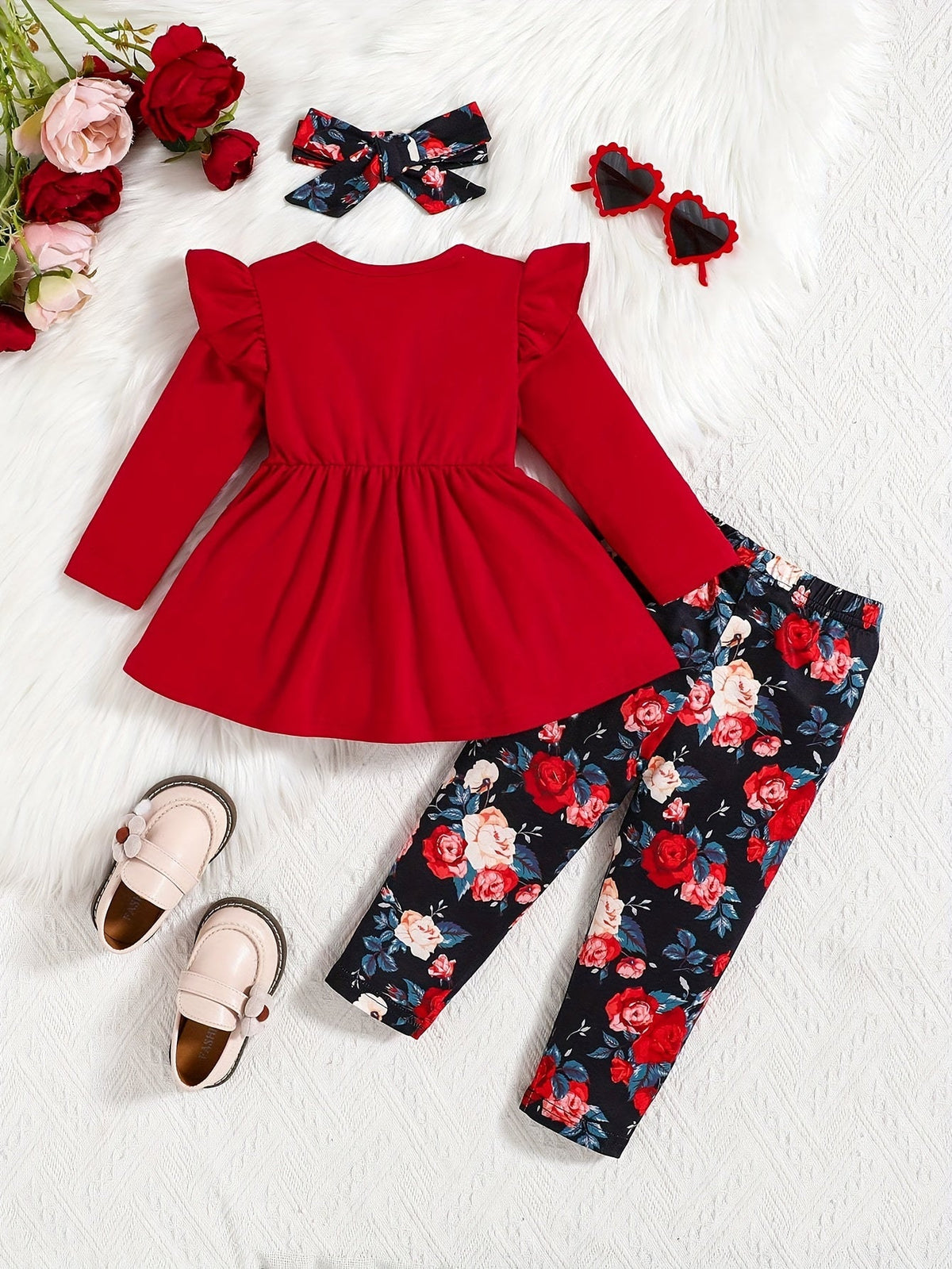 Girls' Floral Outfit Set with a Burgundy Ruffle Top and Rose Print Leggings for Coordinated Daytime Wear