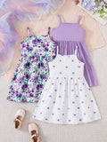 Girls' Printed Sundresses in a Purple Three-Pack Pairing Floral and Heart Designs with a Solid Dress
