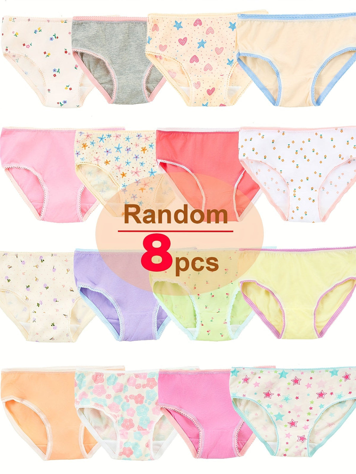 Girls' Eight-Pack Briefs in Solid Colors and Floral Prints with Decorative Elastic Trim for Daily Changes