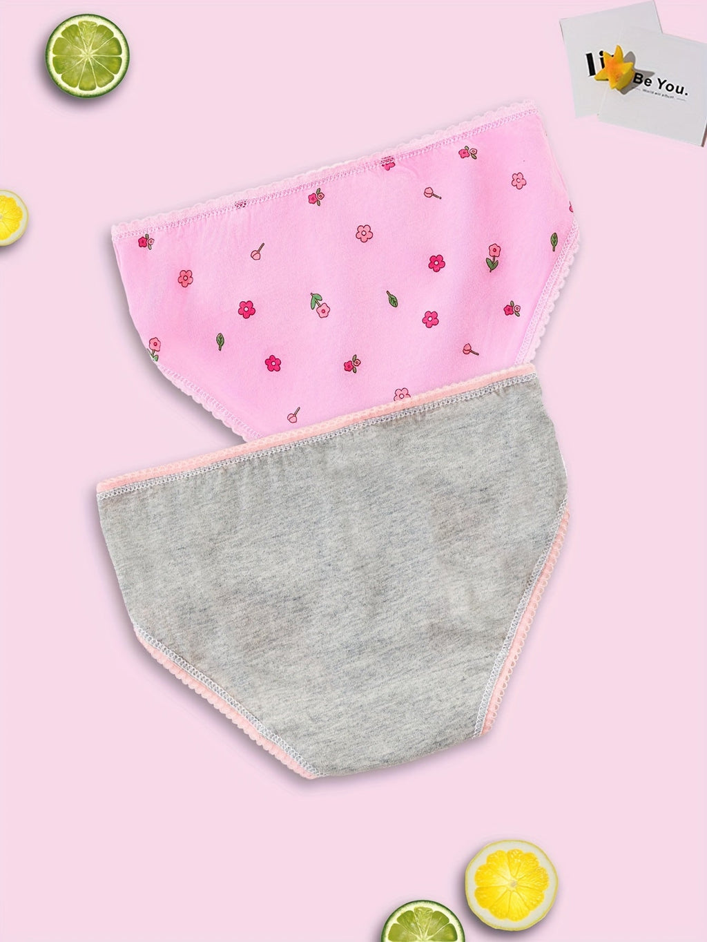 Girls' Eight-Pack Briefs in Solid Colors and Floral Prints with Decorative Elastic Trim for Daily Changes