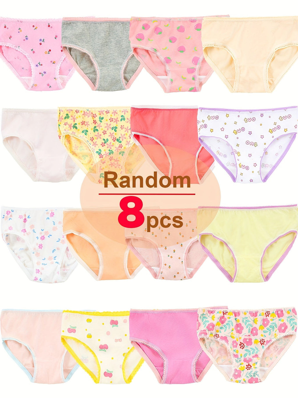 Girls' Eight-Pack Briefs in Solid Colors and Floral Prints with Decorative Elastic Trim for Daily Changes