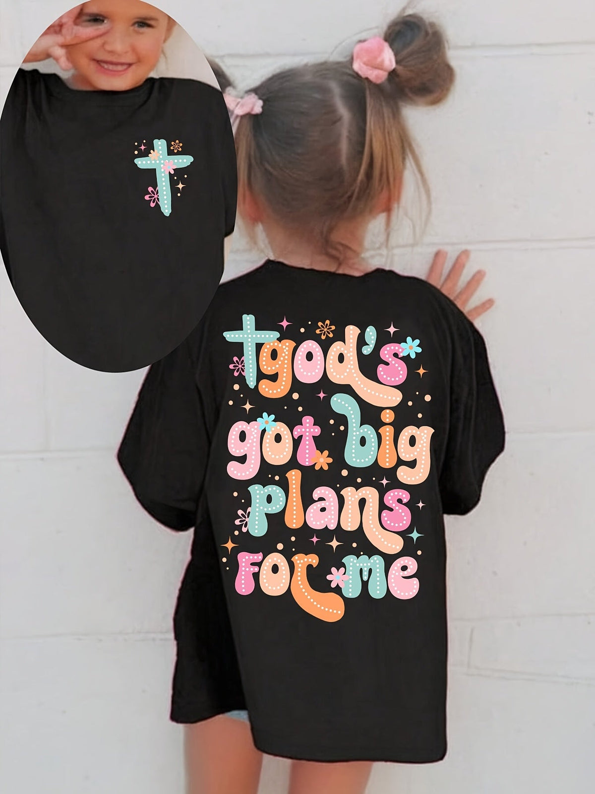Girls' God's Got Big Plans Cotton T-Shirt in Black with a Chest Cross and Colorful Back Lettering