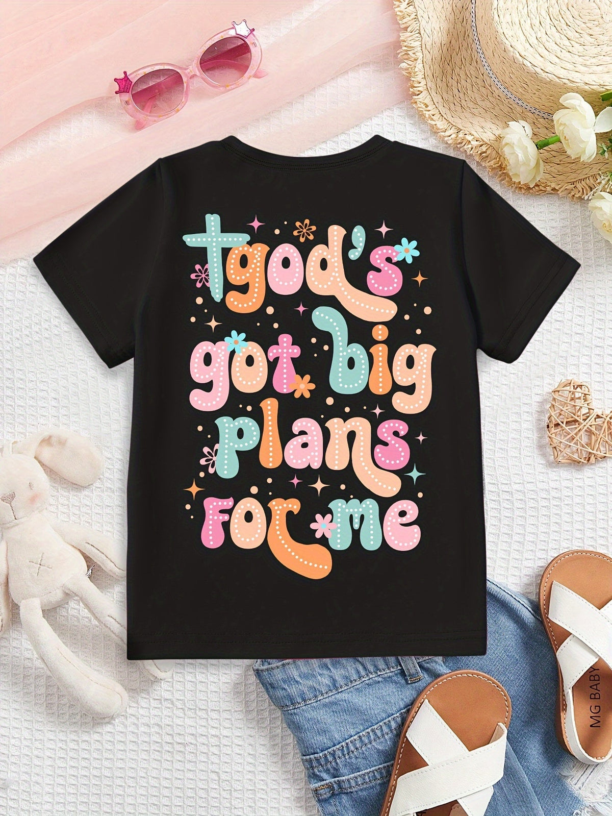 Girls' God's Got Big Plans Cotton T-Shirt in Black with a Chest Cross and Colorful Back Lettering