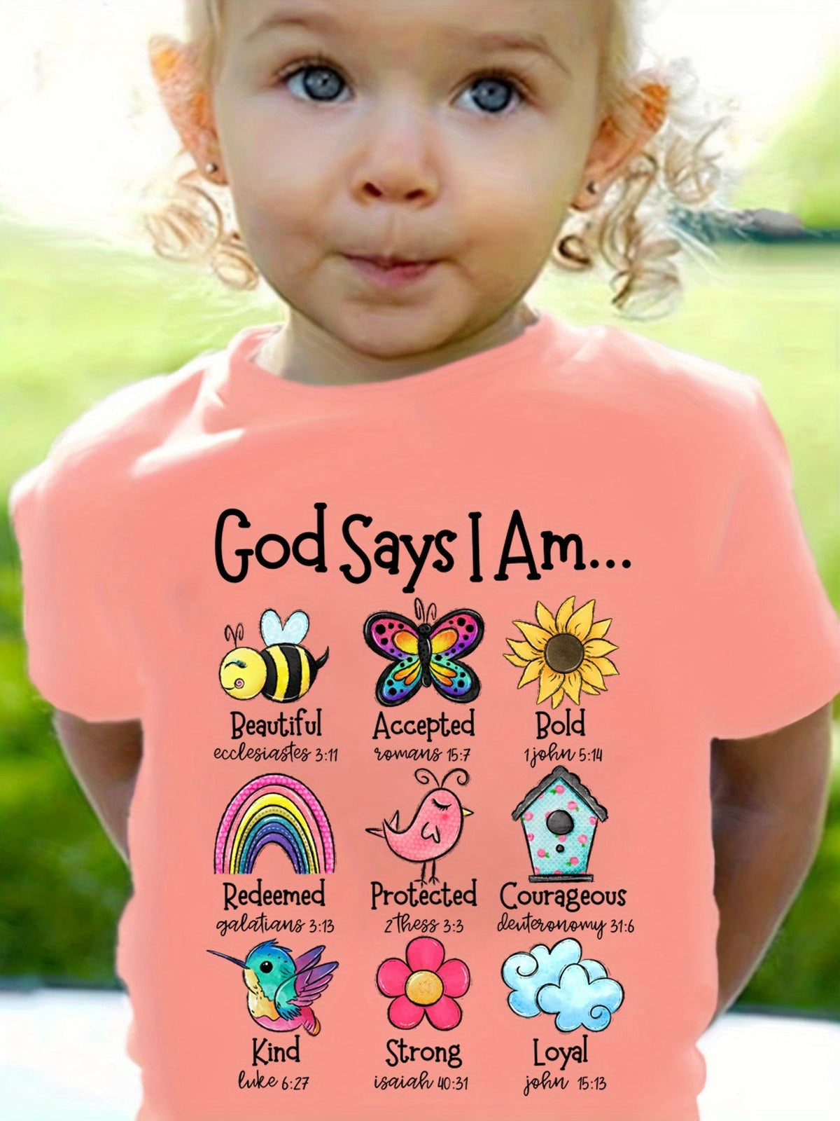 Girls' God Says I Am Cotton T-Shirt in Pink with Butterfly and Scripture Inspired Graphics for Casual Wear