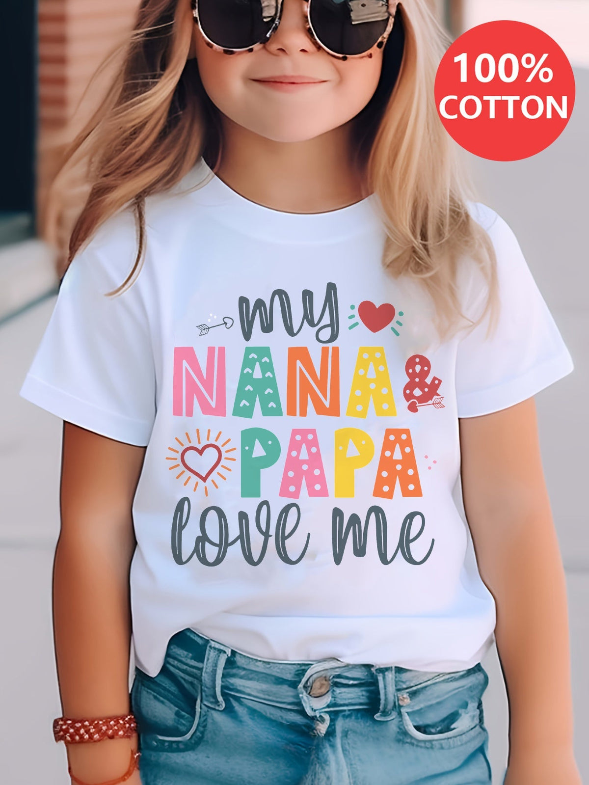 Girls' Short Sleeve Cotton Graphic T-Shirt in White with Colorful My Nana and Papa Love Me Print