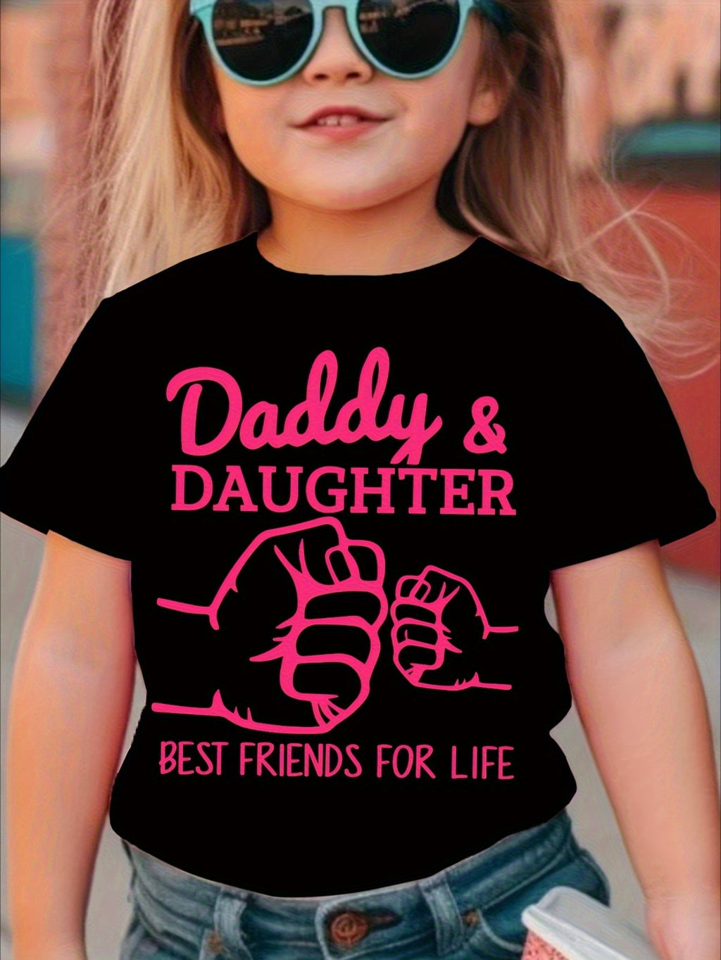 Girls' Daddy and Daughter Cotton T-Shirt in Black with Pink Fist Bump Artwork for Family Outings