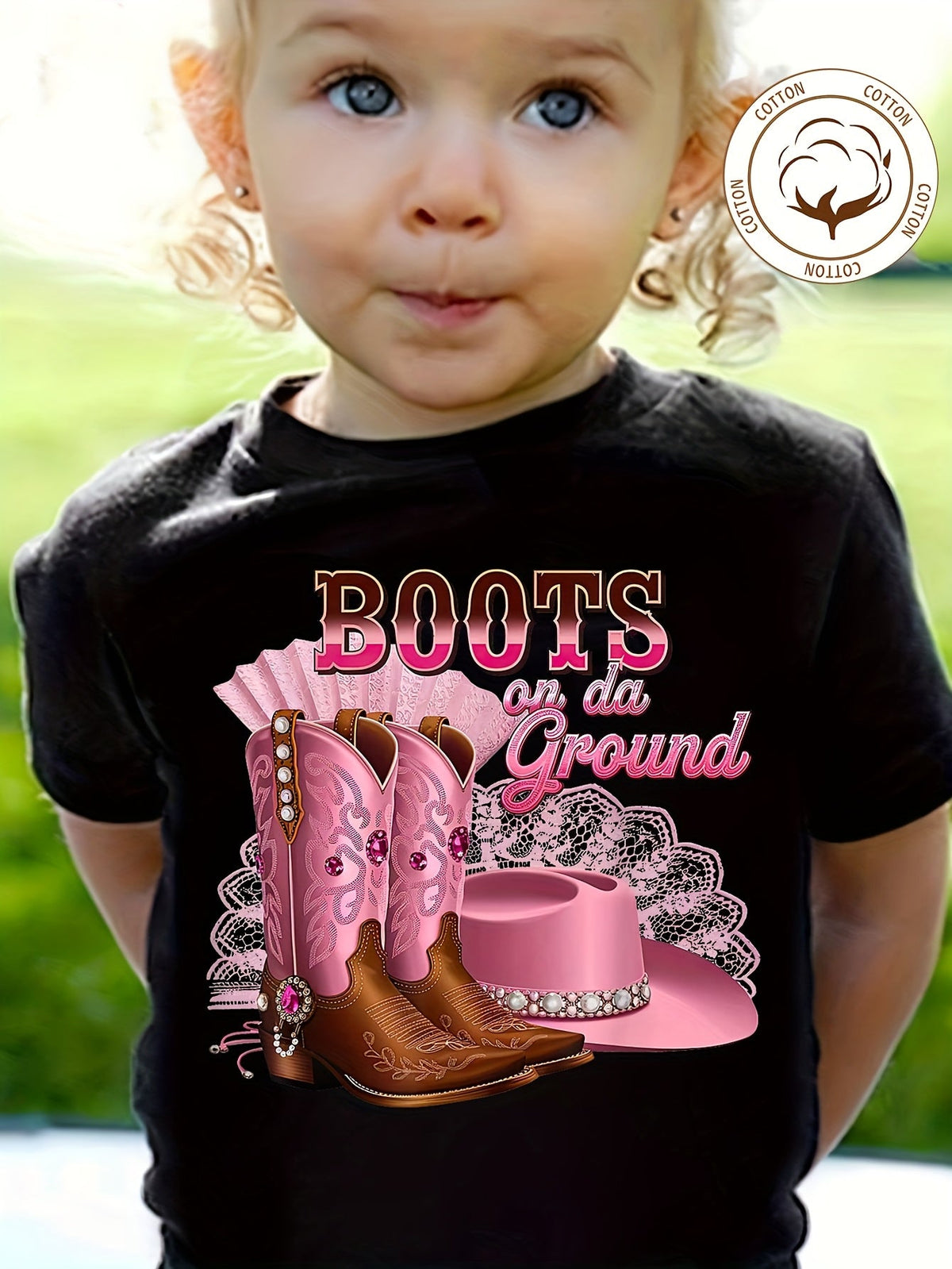 Girls' Cowboy Boots Cotton T-Shirt in Black with Pink Western Graphics and Boots on da Ground Lettering
