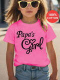 Girls' Papa's Girl Cotton T-Shirt in Rose Red with Heart Lettering and Short Sleeves for Summer Outfits