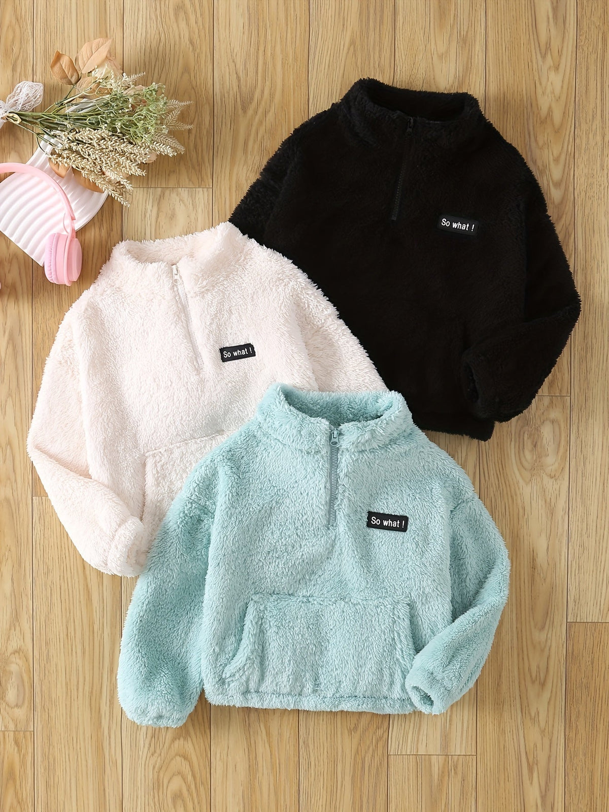 Girls' Half Zip Fleece Pullovers 3-Pack with Stand Collars and Front Pockets for Fall Layering