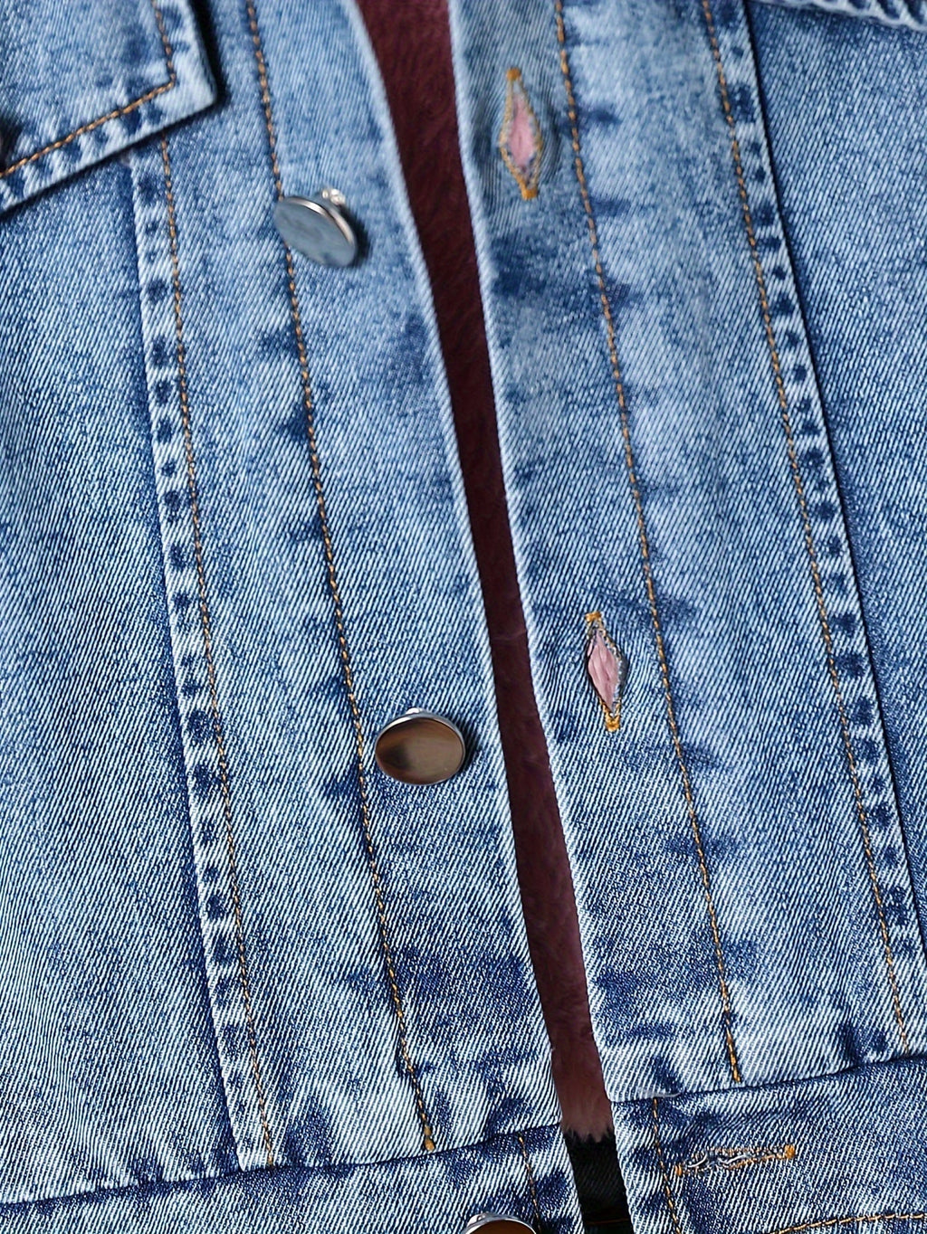 Girls' Hooded Denim Jacket in Blue with Pink Plush Lining and a Button Front for Fall and Winter