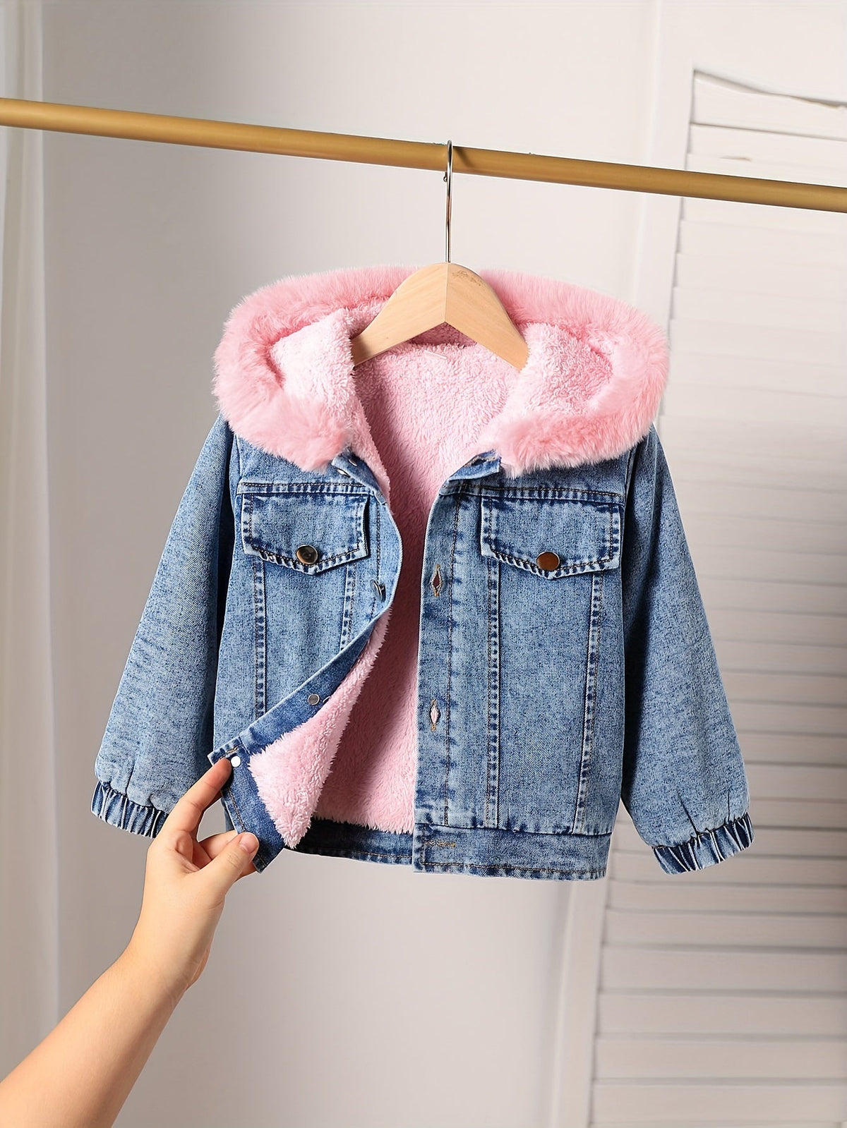 Girls' Hooded Denim Jacket in Blue with Pink Plush Lining and a Button Front for Fall and Winter