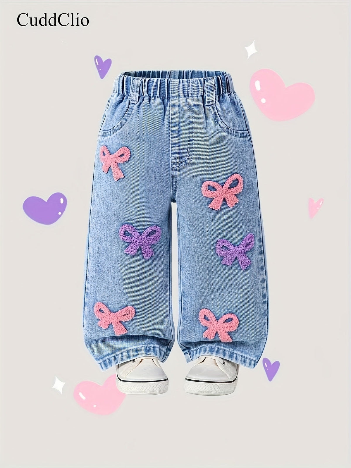 Baby Girl Bow Embroidered Jeans in Light Blue with Pink and Purple Details for Relaxed Everyday Outfits