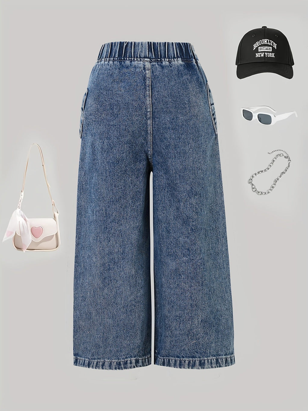 Girls' Wide Leg Denim Jeans in Washed Blue with Large Bow Details and Elastic Waist for Casual Outfits