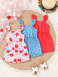 Baby Girls' Short Rompers 3-Pack with Pink Fruit and Blue Heart Prints for Sleeveless Summer Outfits