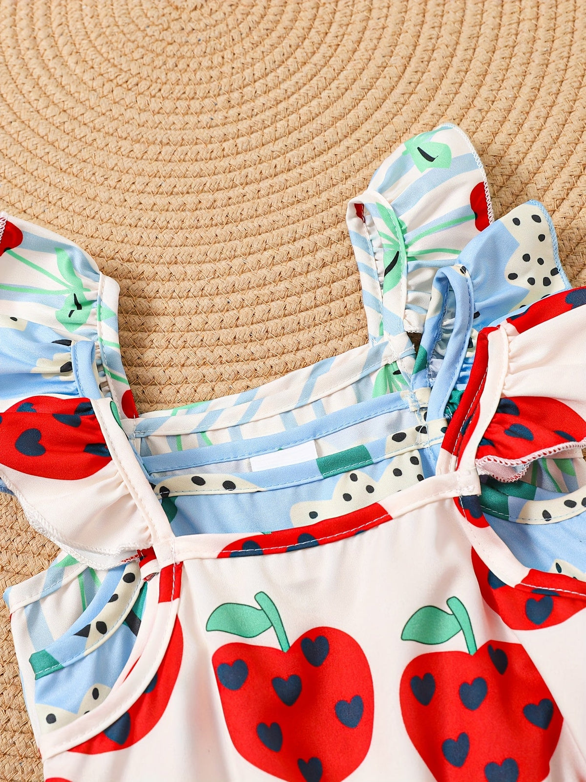 Baby Girls' Short Rompers 3-Pack with Pink Fruit and Blue Heart Prints for Sleeveless Summer Outfits