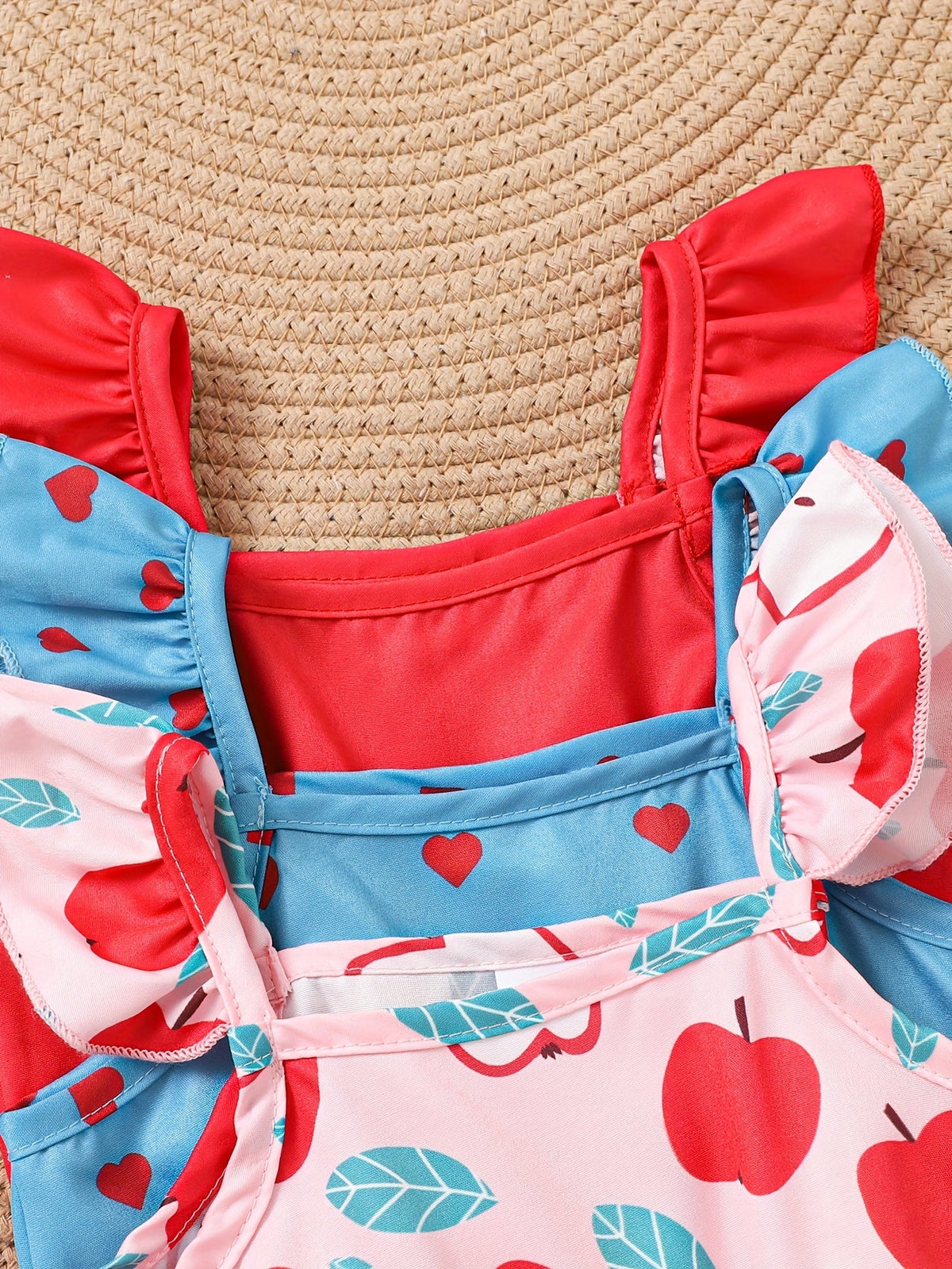 Baby Girls' Short Rompers 3-Pack with Pink Fruit and Blue Heart Prints for Sleeveless Summer Outfits