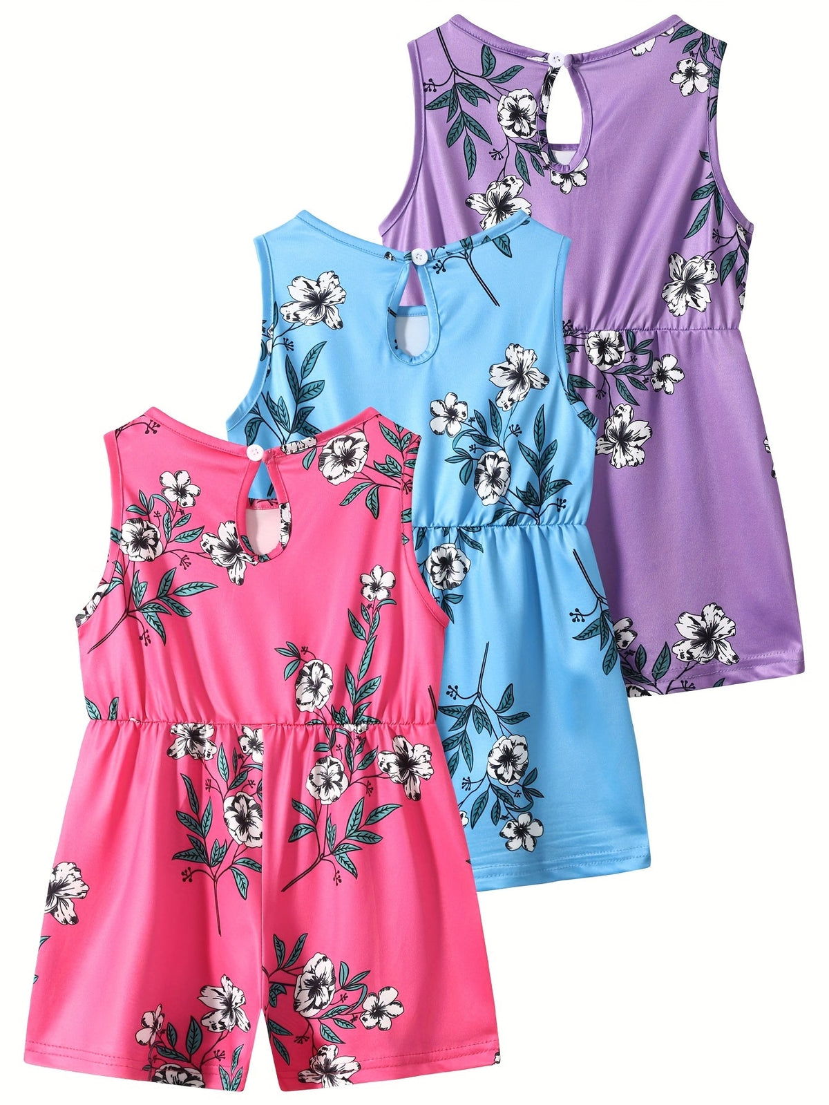 Girls' Floral Rompers 3-Pack with Sleeveless Tops and Bow Waist Details for Casual Summer Outfits