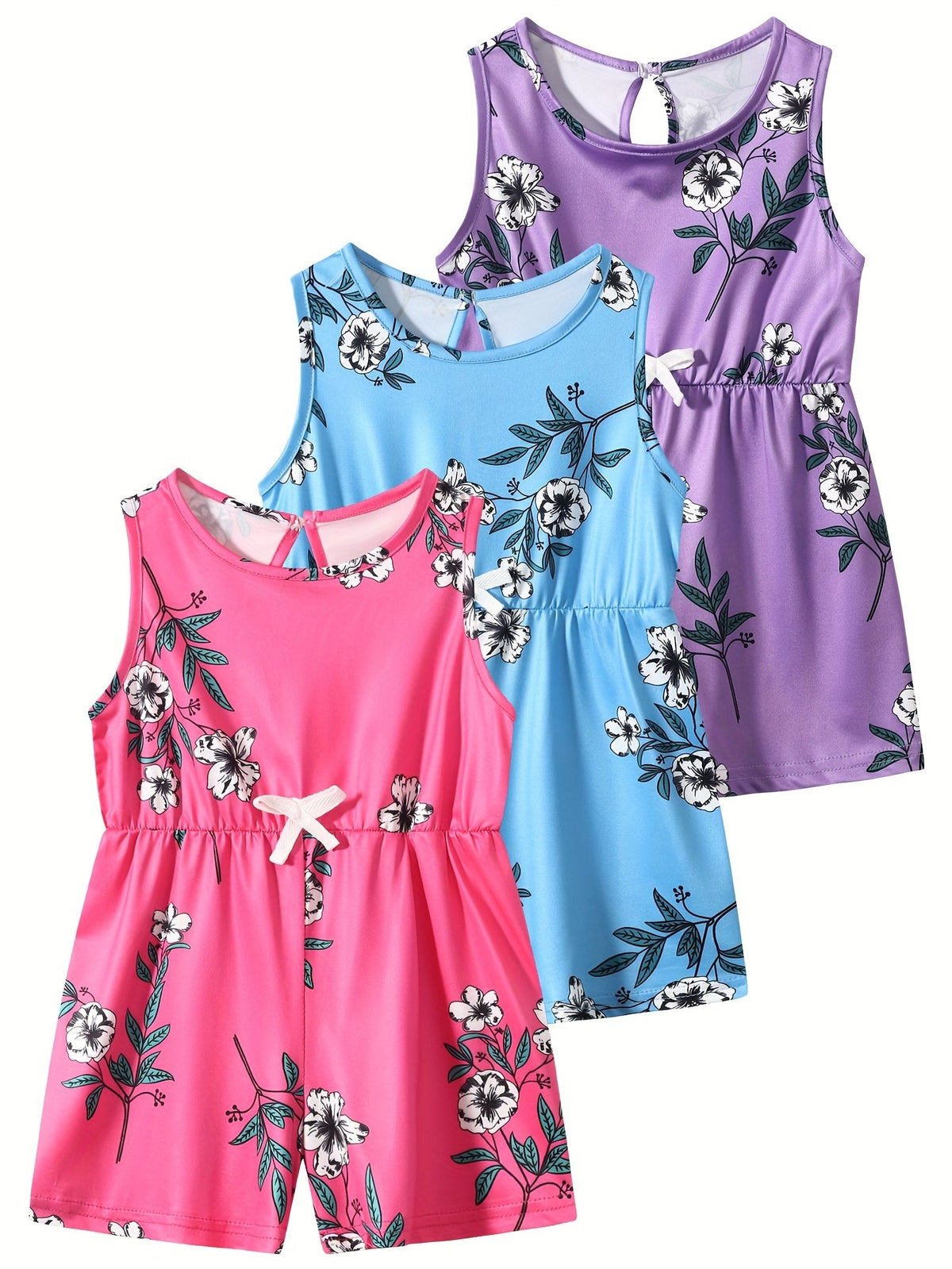 Girls' Floral Rompers 3-Pack with Sleeveless Tops and Bow Waist Details for Casual Summer Outfits