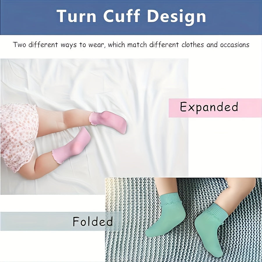 Girls' Ruffle Cuff Socks in Mixed Solid Colors with Folded Ankle Tops for Everyday Dresses and Shoes
