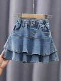 Girls' Blue Tiered Denim Skirt with Front Pockets and a Gathered Waistband for Everyday Summer Outfits