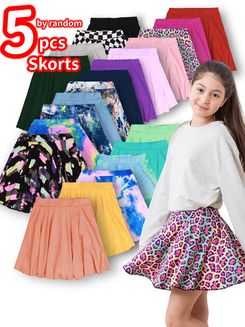 Girls' Stretch Skorts 5-Pack in Random Colors and Prints with Built-In Shorts for School and Casual Wear
