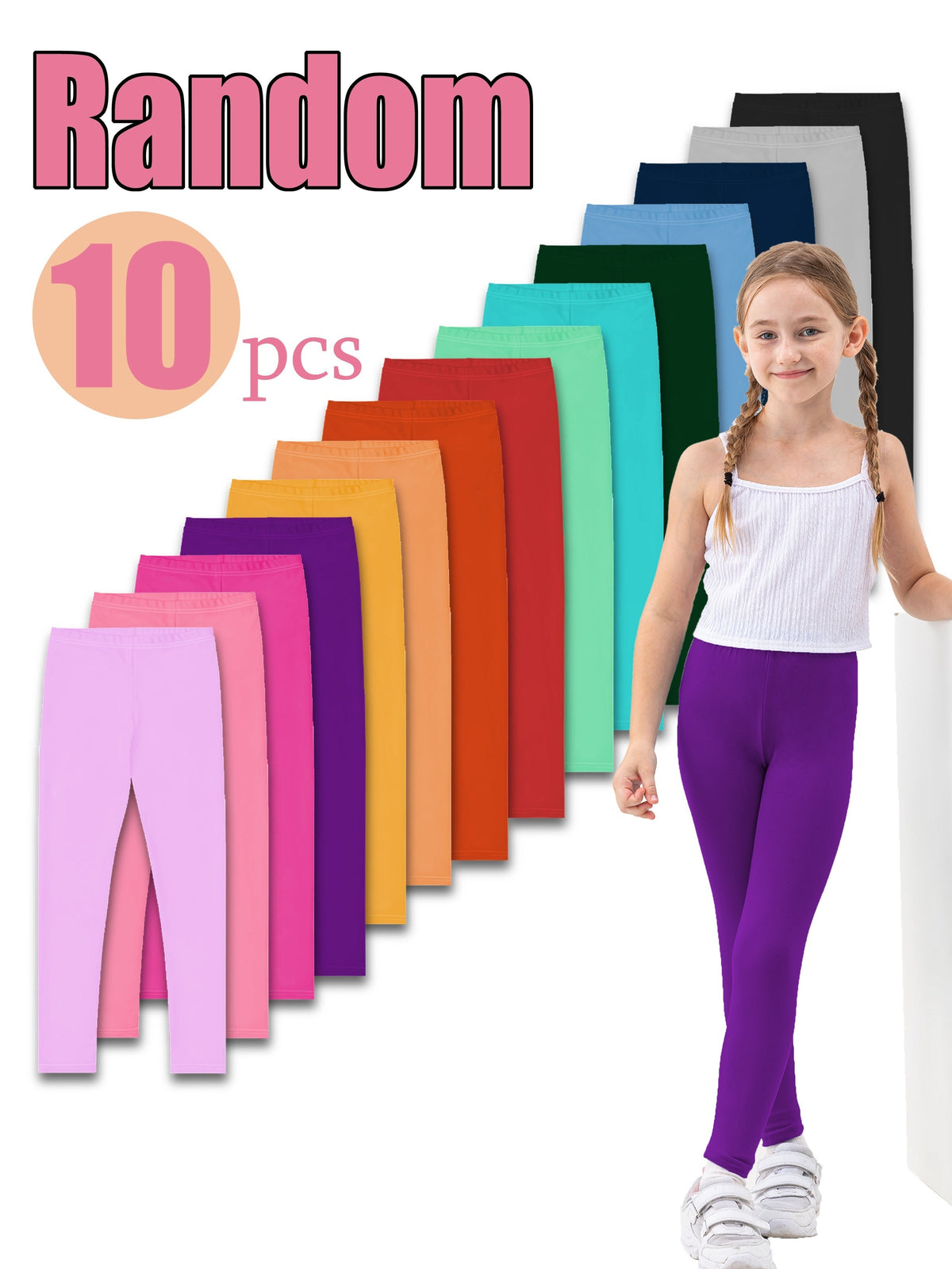 Girls' Stretch Leggings Ten Pack in Black or Random Colors with Pull On Waists for Dance and Daily Layering
