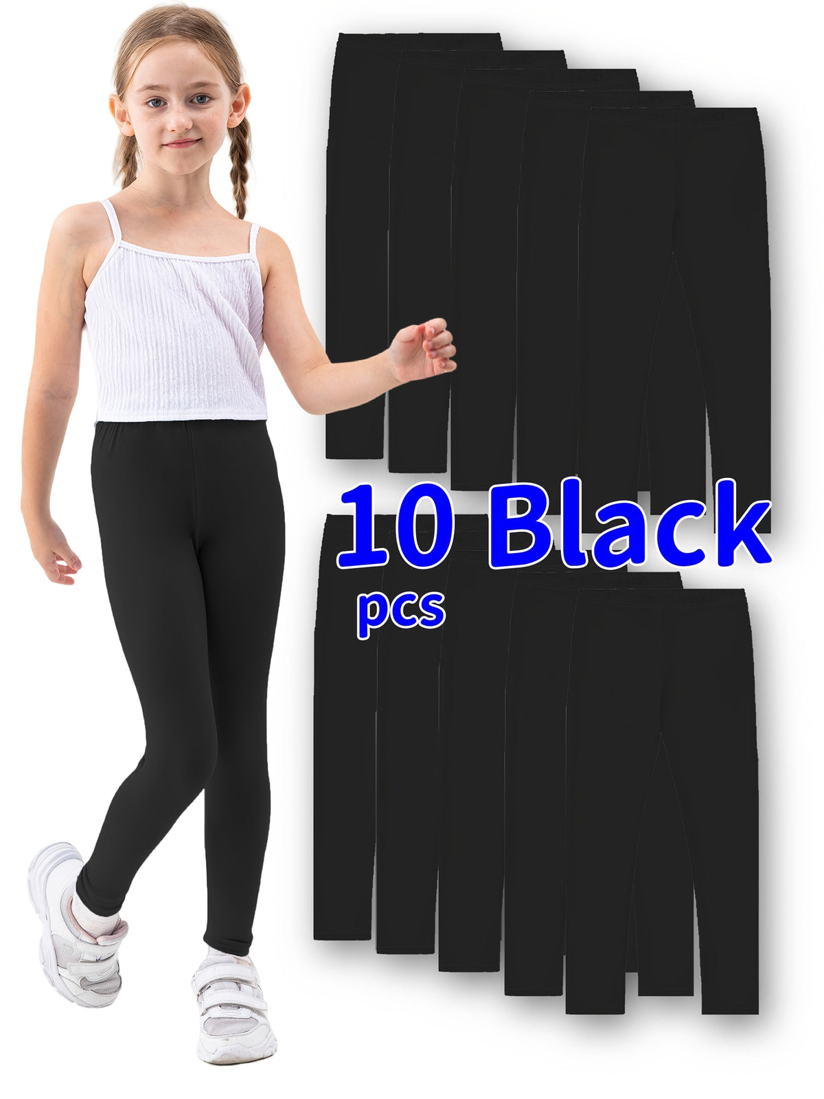 Girls' Stretch Leggings Ten Pack in Black or Random Colors with Pull On Waists for Dance and Daily Layering