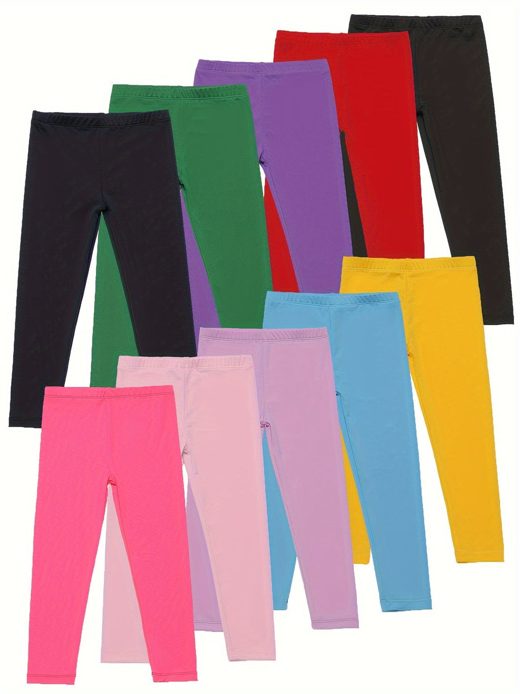 Girls' Stretch Leggings in a Ten Piece Solid Color Pack with Full Length Legs for Everyday Outfits