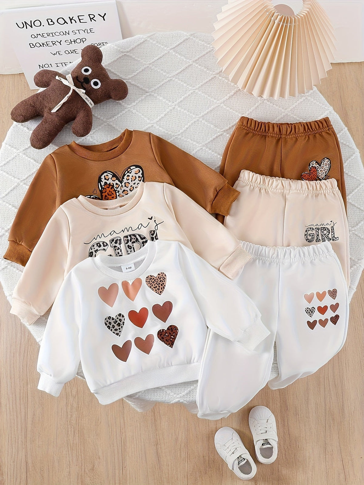 Girls' Sweatshirt and Jogger Sets with Heart and Leopard Prints in a Six-Piece Pack for Everyday Outfits