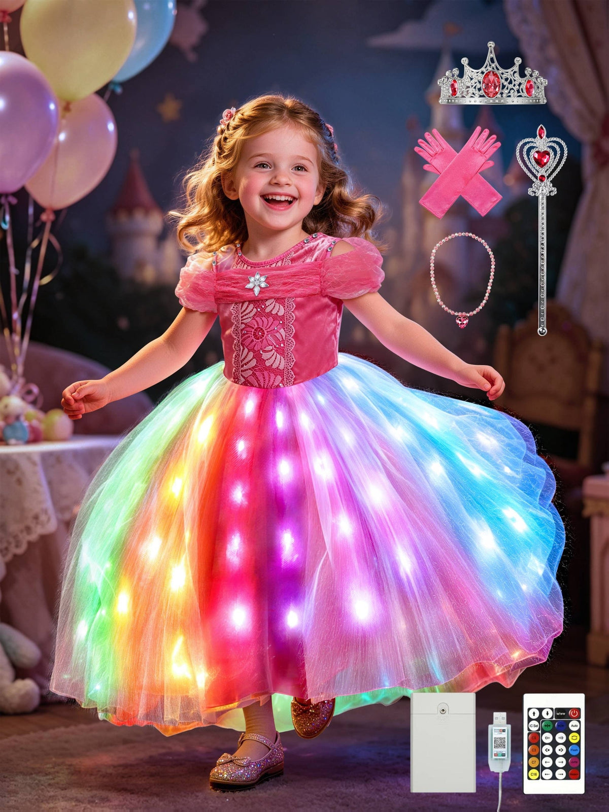 Girls' Light-Up Princess Costume Dress with a Layered Skirt and Coordinating Accessories for Parties