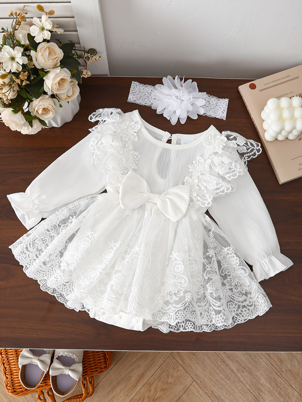 Baby Girls' White Lace Dress and Floral Headband Set for Family Occasions with Long Sleeves and a Front Bow