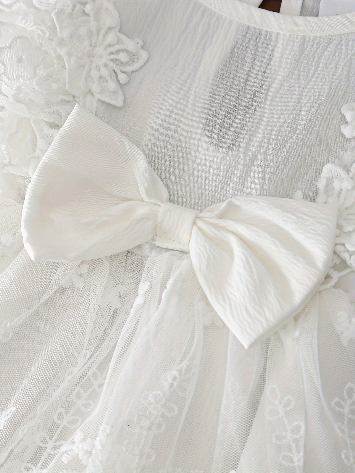 Baby Girls' White Lace Dress and Floral Headband Set for Family Occasions with Long Sleeves and a Front Bow