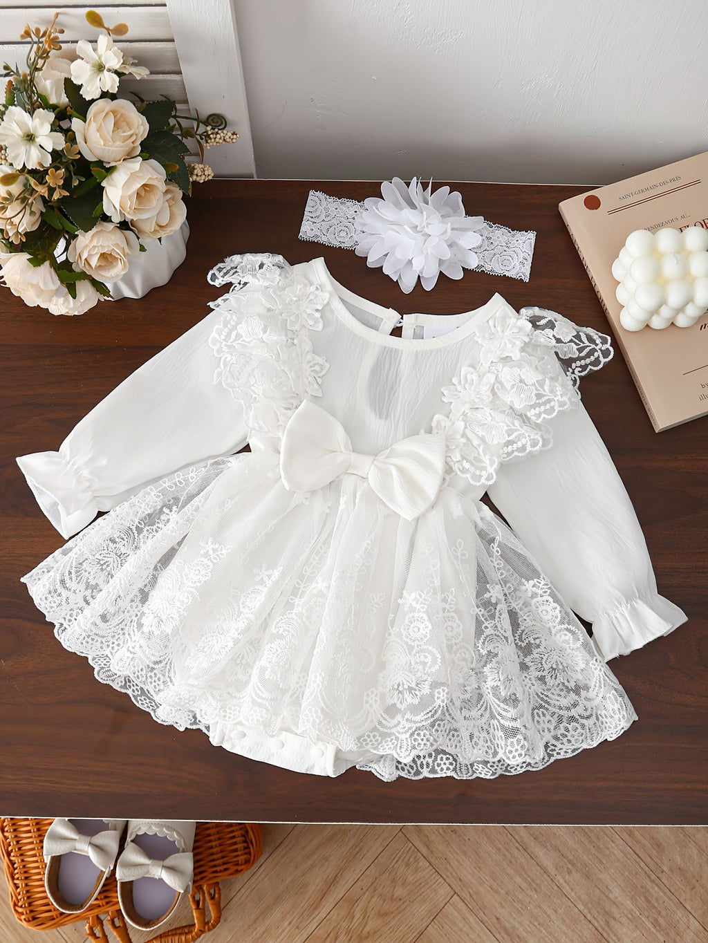Baby Girls' White Lace Dress and Floral Headband Set for Family Occasions with Long Sleeves and a Front Bow