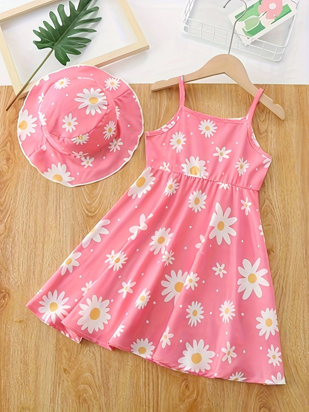 Girls' Flower Print Dress and Hat Set in Pink or Purple with Thin Straps and a Flared Skirt for Summer