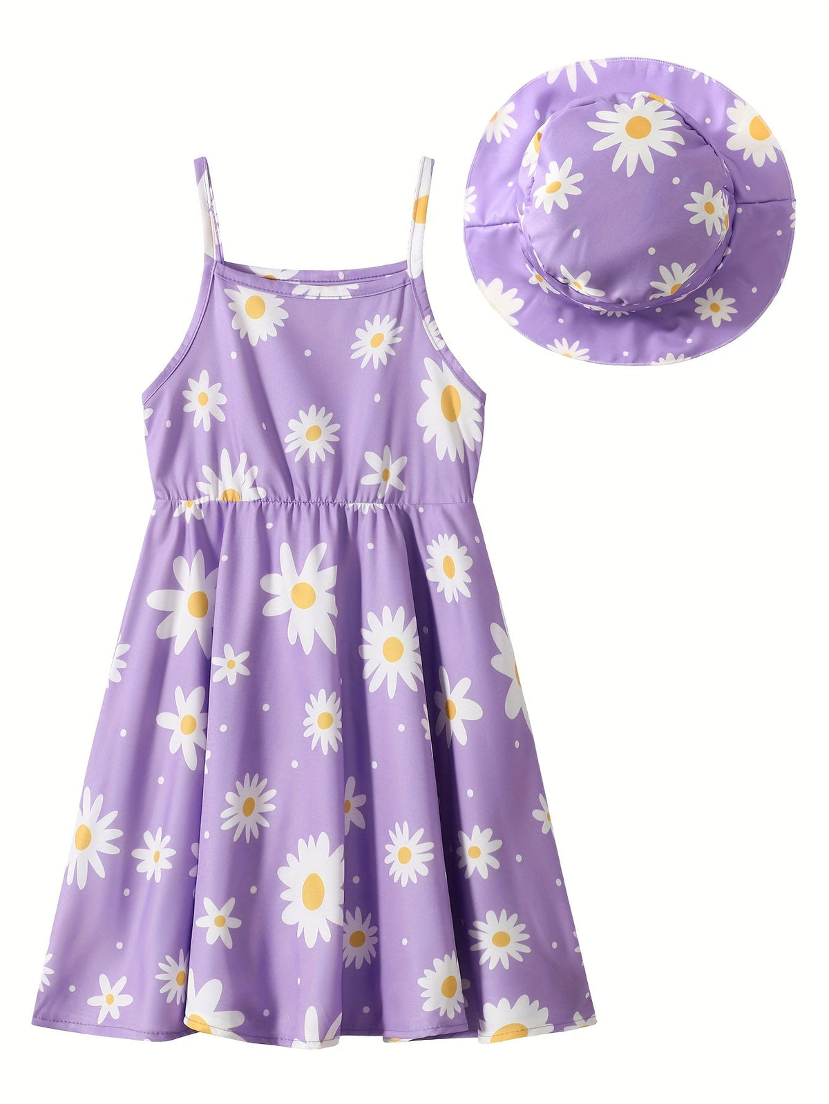 Girls' Flower Print Dress and Hat Set in Pink or Purple with Thin Straps and a Flared Skirt for Summer