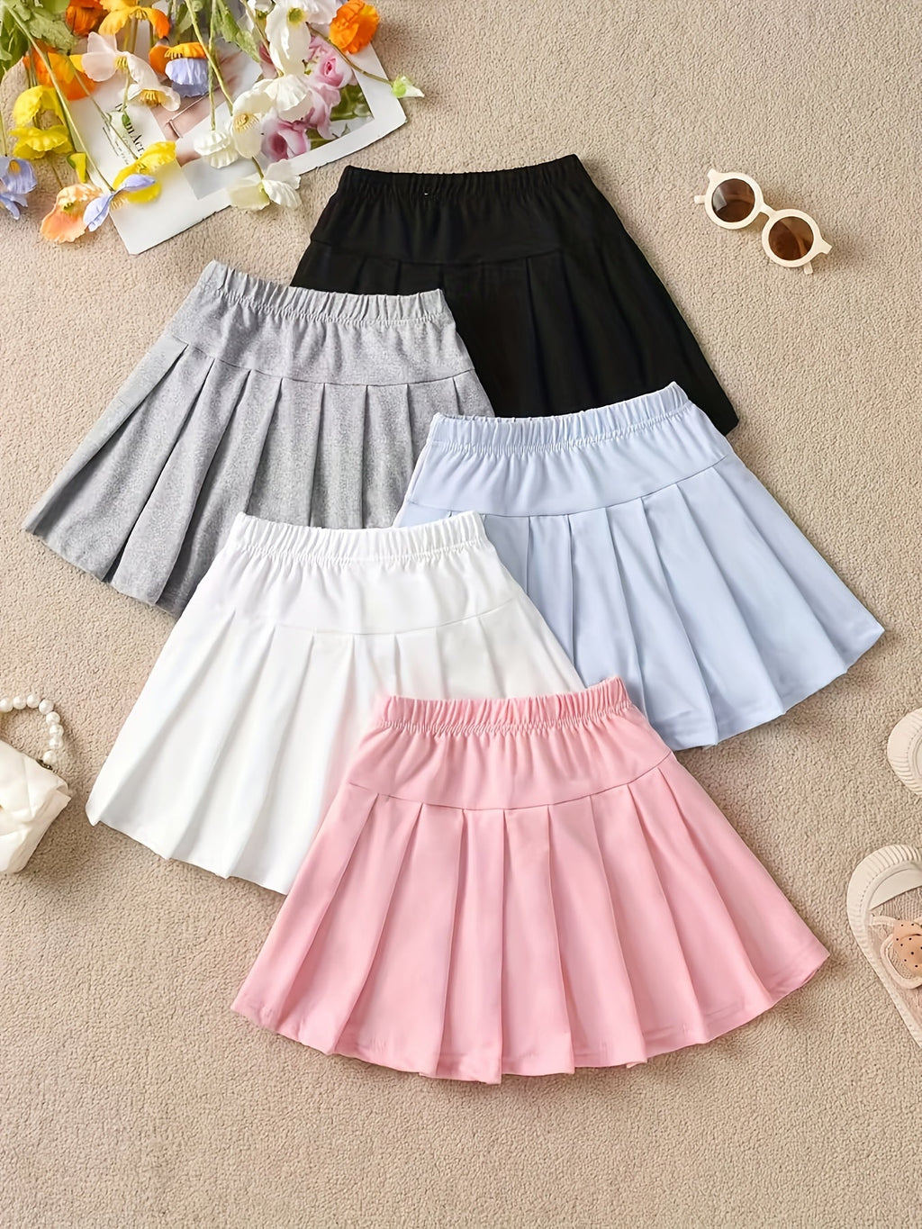 Girls' Pleated Skort 2-Pack in Random Colors with Built-In Shorts and Small Heart Patches at the Waist