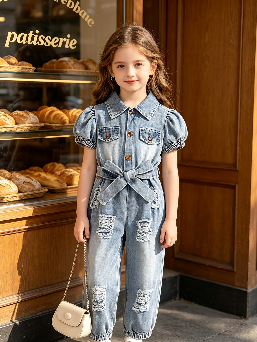 Girls' Outfit Set – Girls' Royal Blue Denim Long-Sleeve Short-Sleeve Jumpsuit