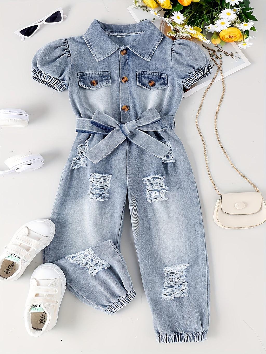 Girls' Outfit Set – Girls' Royal Blue Denim Long-Sleeve Short-Sleeve Jumpsuit