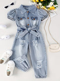 Girls' Outfit Set – Girls' Royal Blue Denim Long-Sleeve Short-Sleeve Jumpsuit