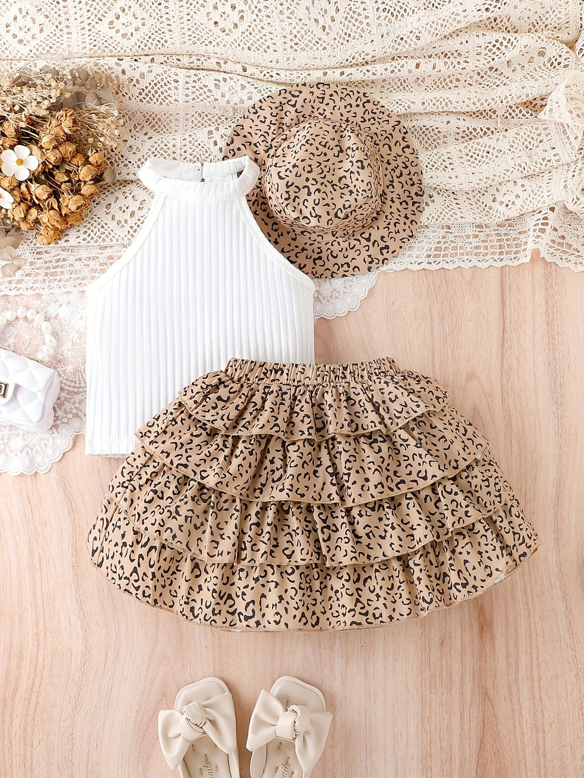 Girls' Leopard Skirt Set with a Black Ribbed Halter Top and Matching Hat for Casual Summer Outfits