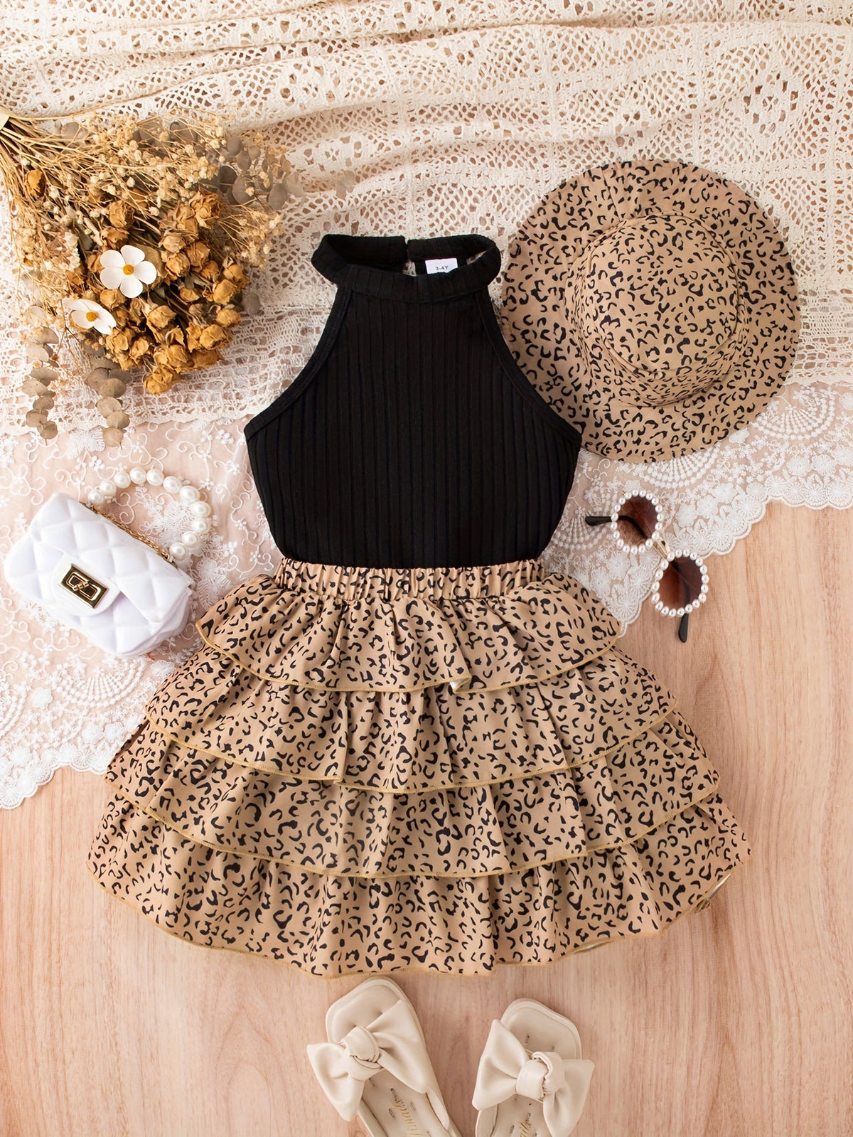 Girls' Leopard Skirt Set with a Black Ribbed Halter Top and Matching Hat for Casual Summer Outfits