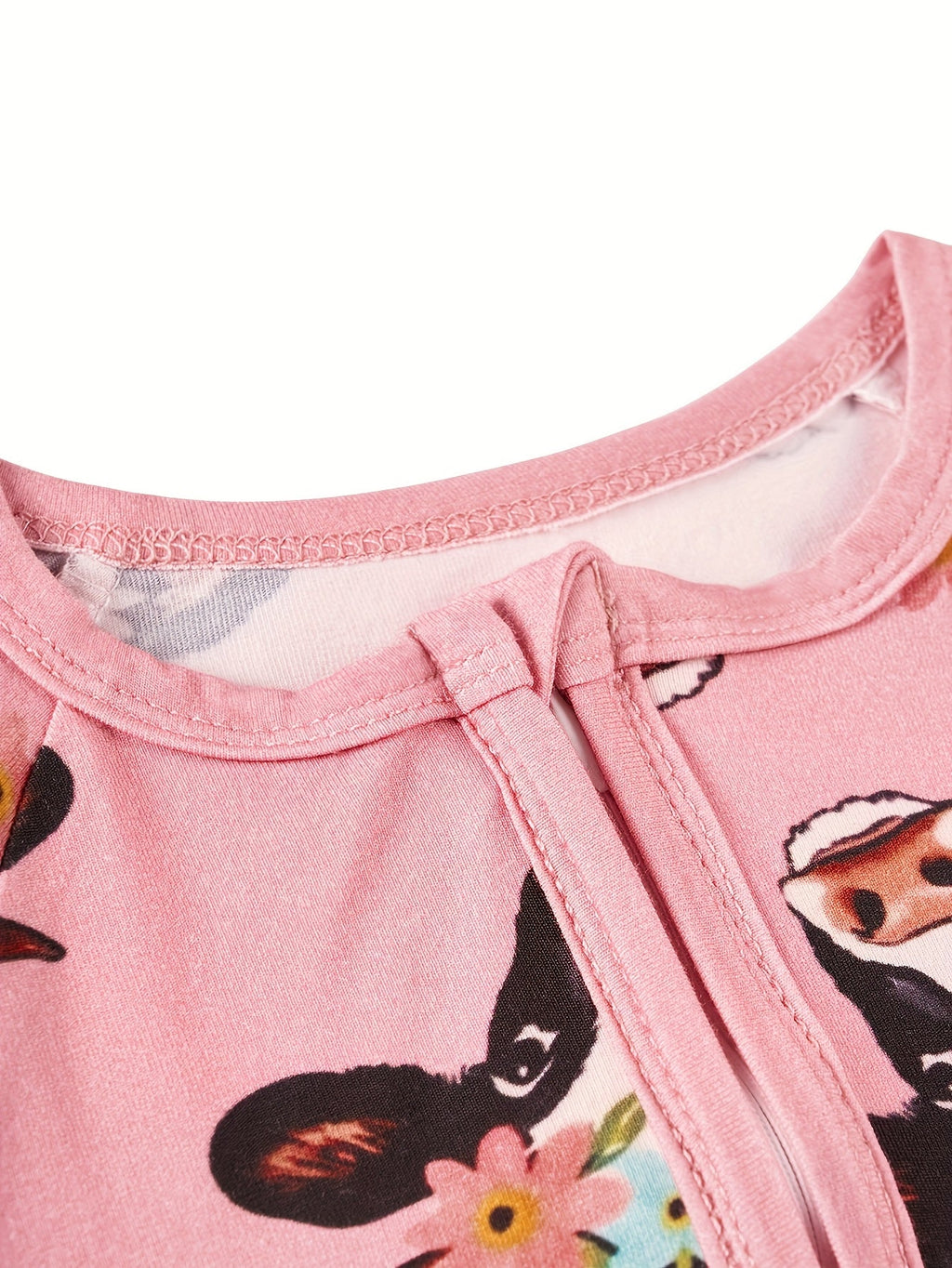 Baby Girl Cow Print Zip Romper in Pink with Floral Details and Long Sleeves for Everyday Changing