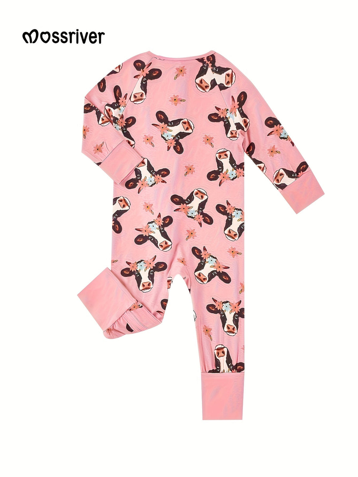 Baby Girl Cow Print Zip Romper in Pink with Floral Details and Long Sleeves for Everyday Changing